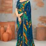 Blue Digital Printed Crepe Saree