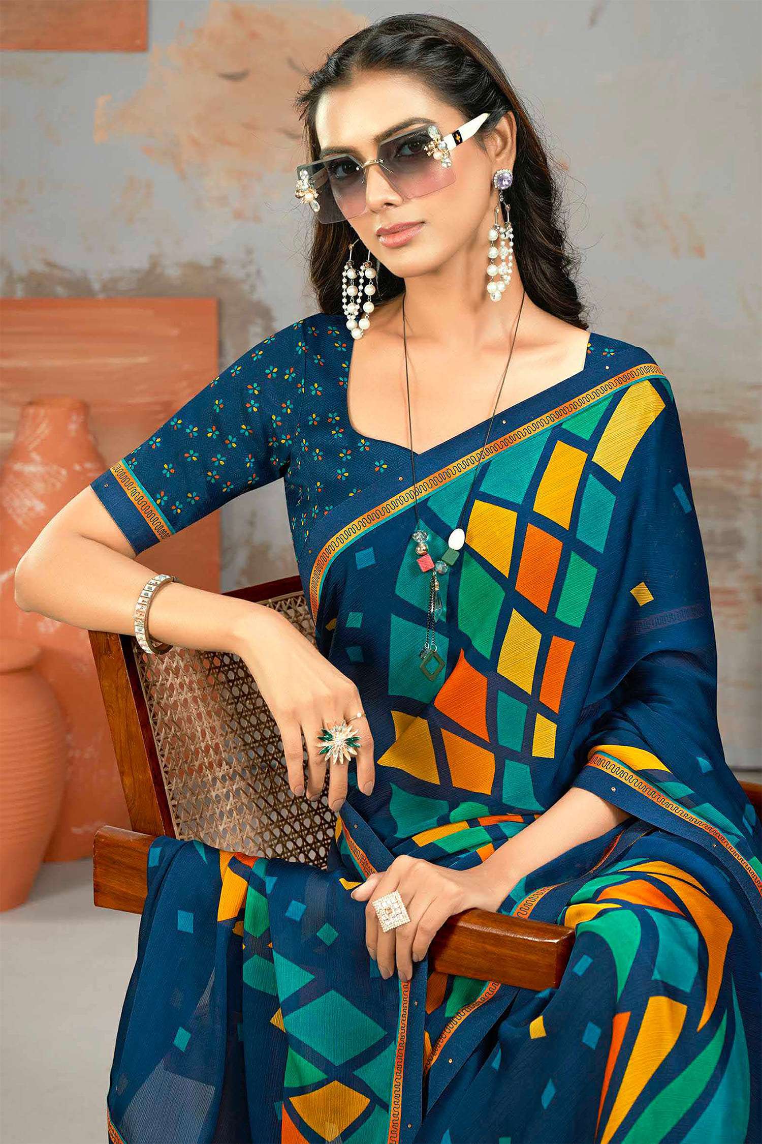 Blue Digital Printed Crepe Saree - Image 2