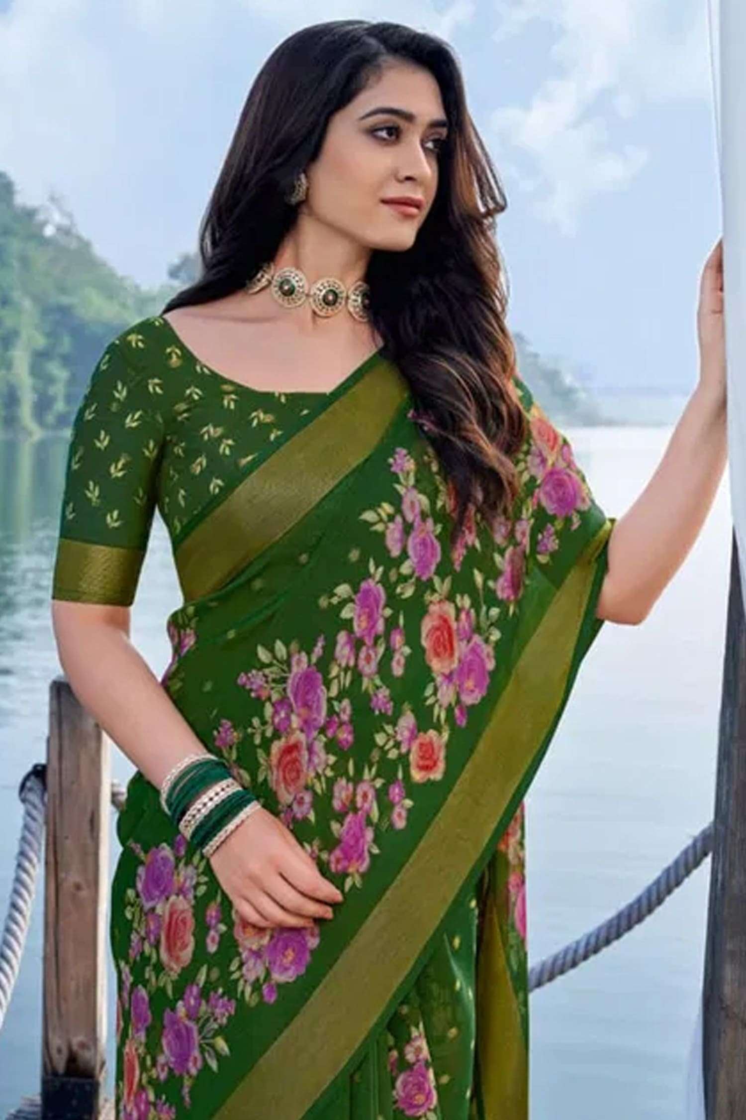 Floral Printed Designer Chiffon Saree - Image 2