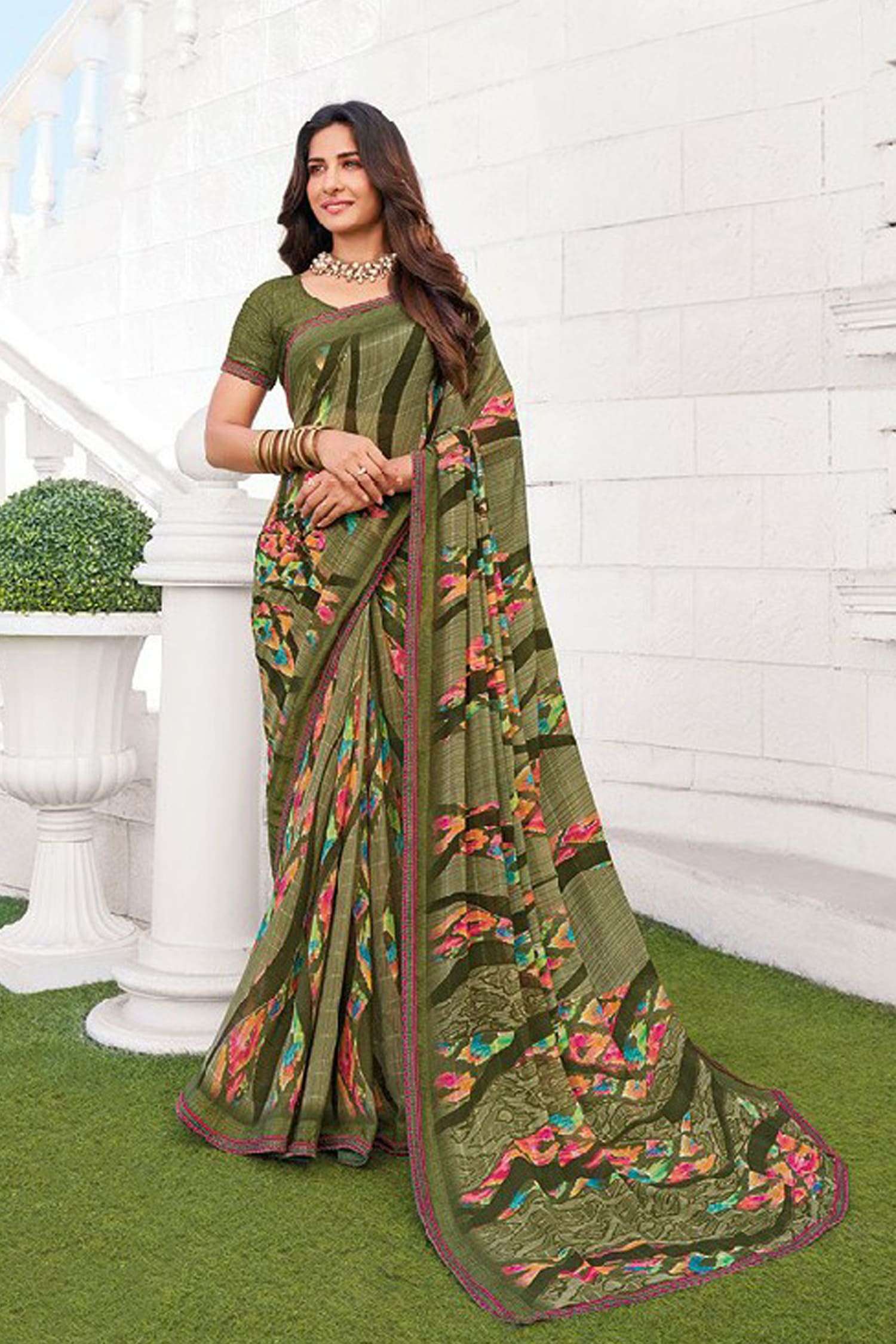 Green Mixed Printed Georgette Casual Saree