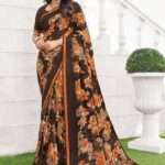 Brown Floral Print Georgette Saree