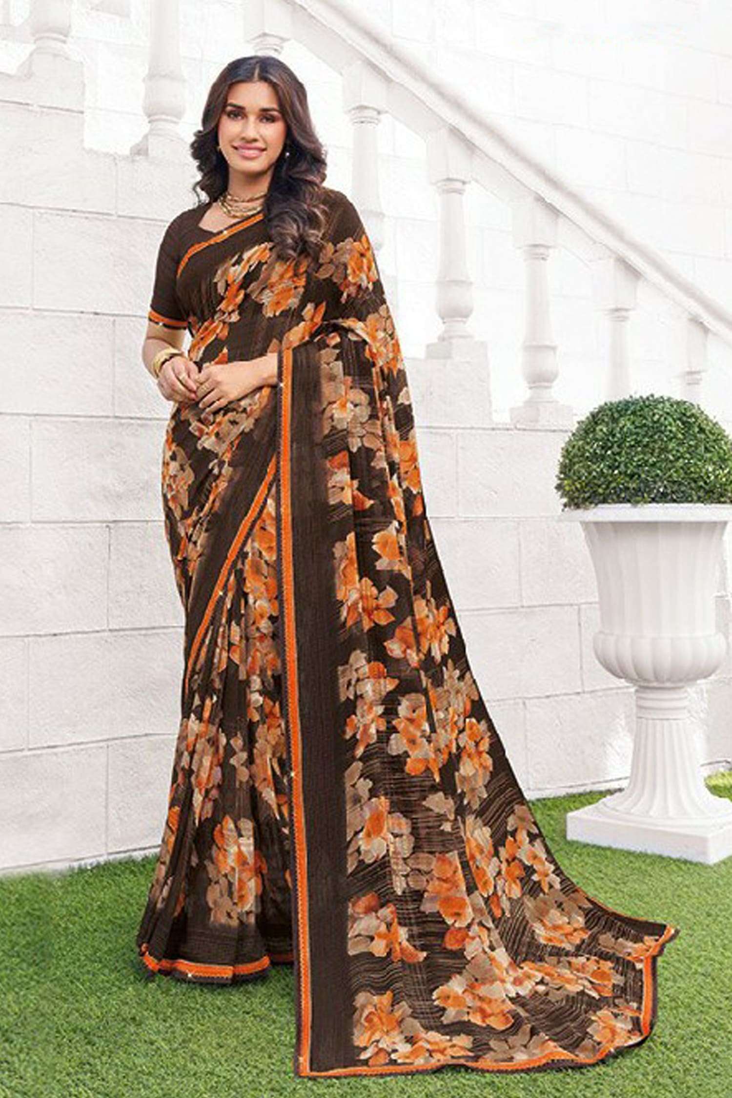 Brown Floral Print Georgette Saree