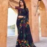 Navy Blue Printed Georgette Saree