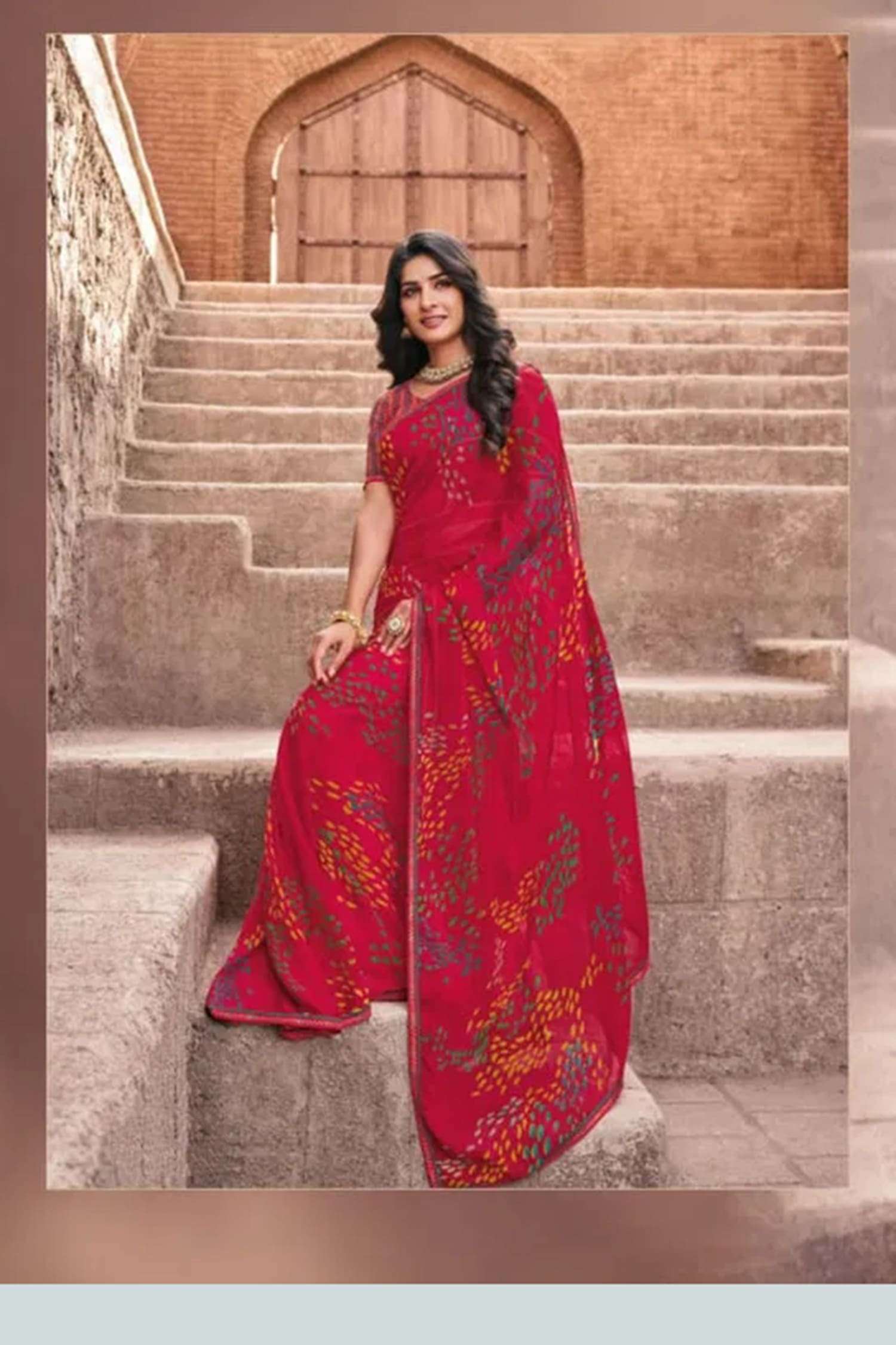 Red'sh Pink Pinted Georgette Saree