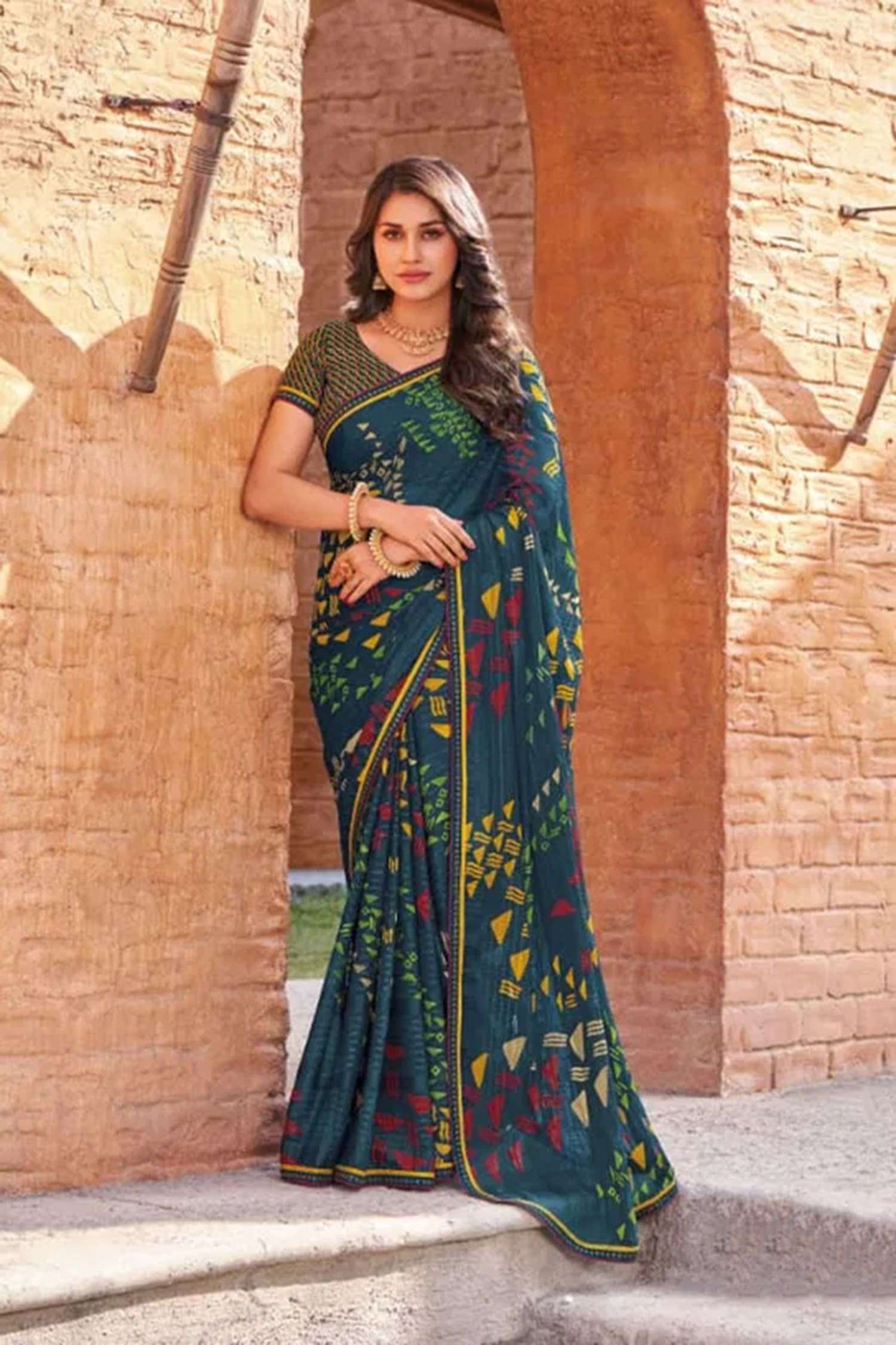 Cyan Green Printed Georgette Saree