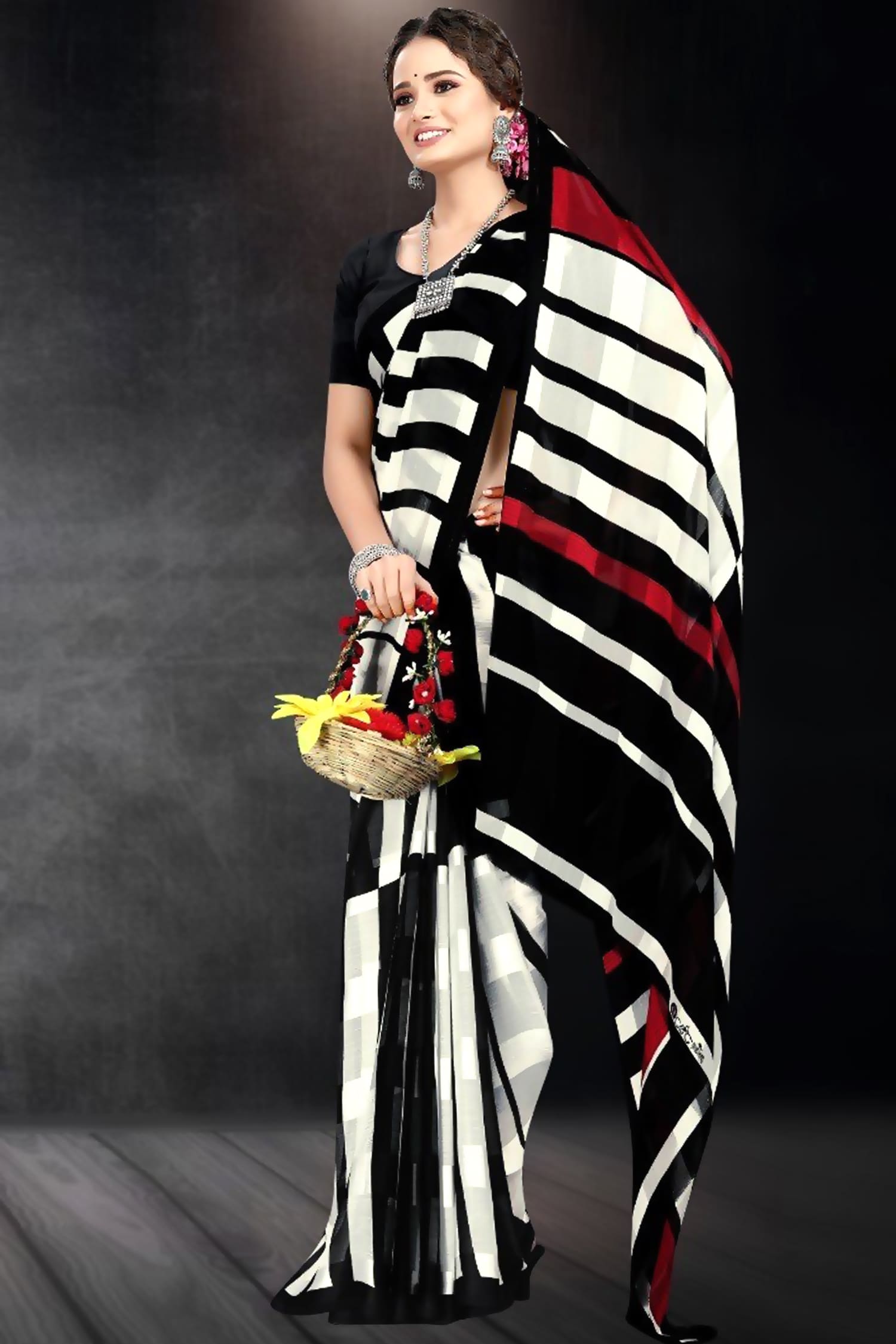 Black and White Striped Casual Saree - Image 2