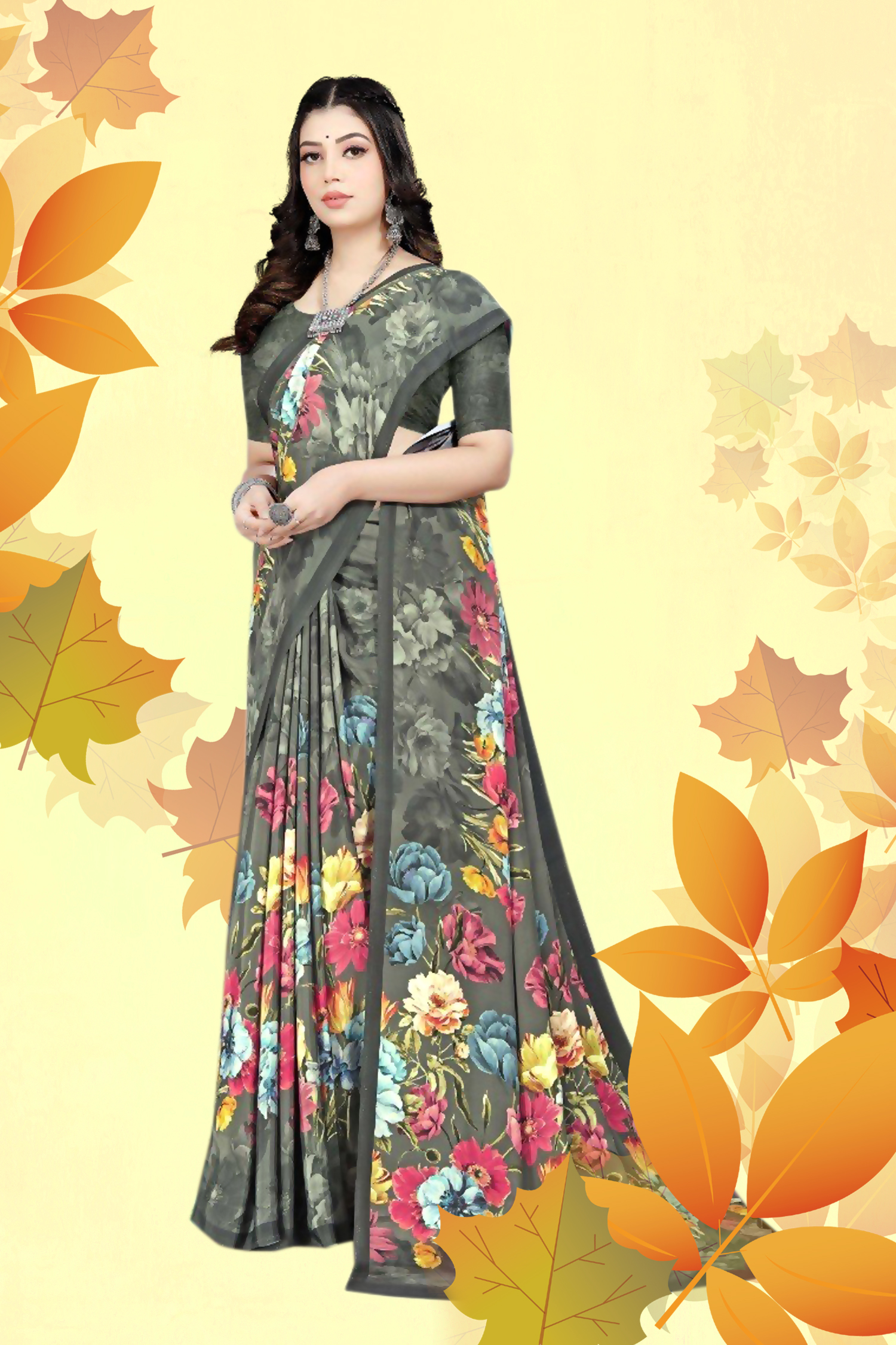 Light Colours Floral Printed Casual Saree - Image 3