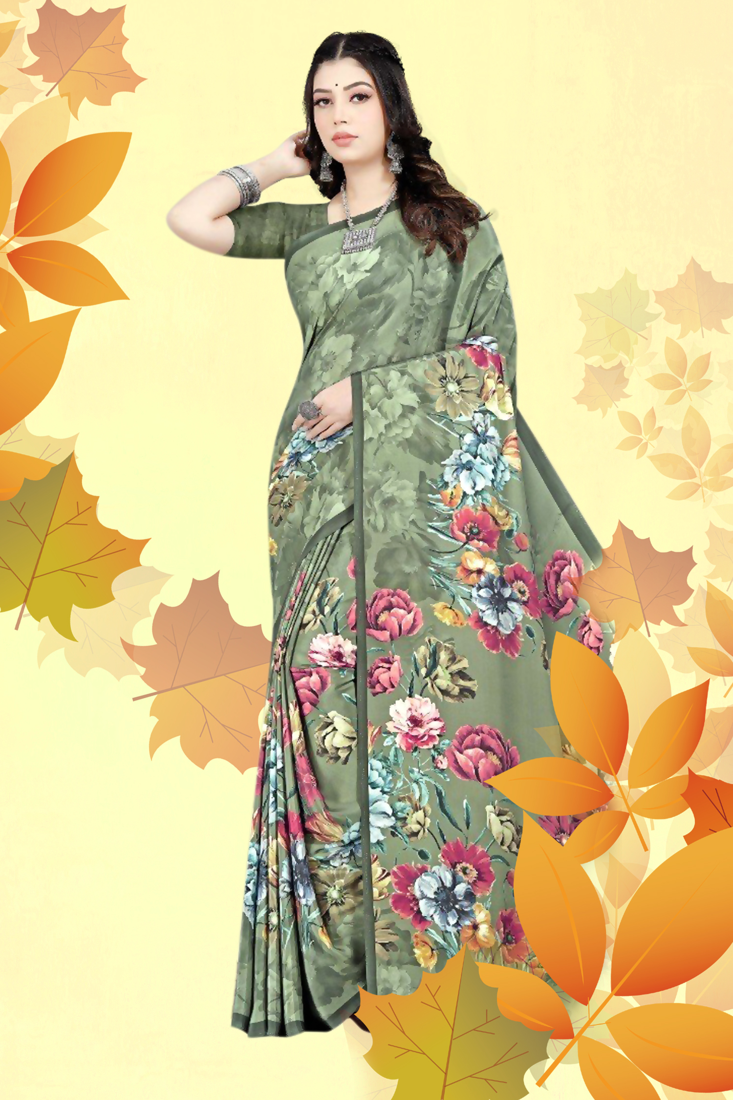 Light Colours Floral Printed Casual Saree - Image 2