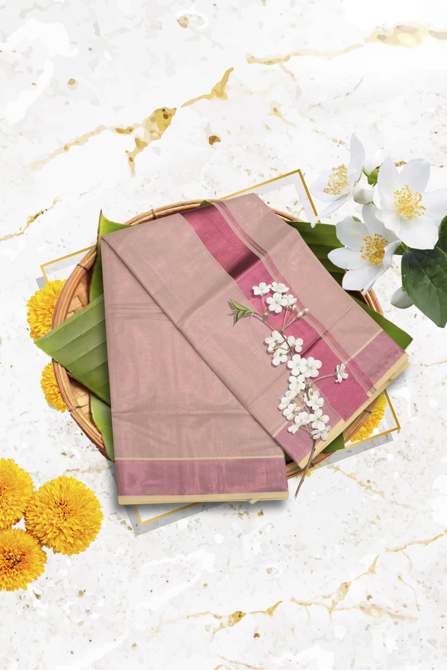 South Indian Kerala Mundu Saree with Blouse - Image 2