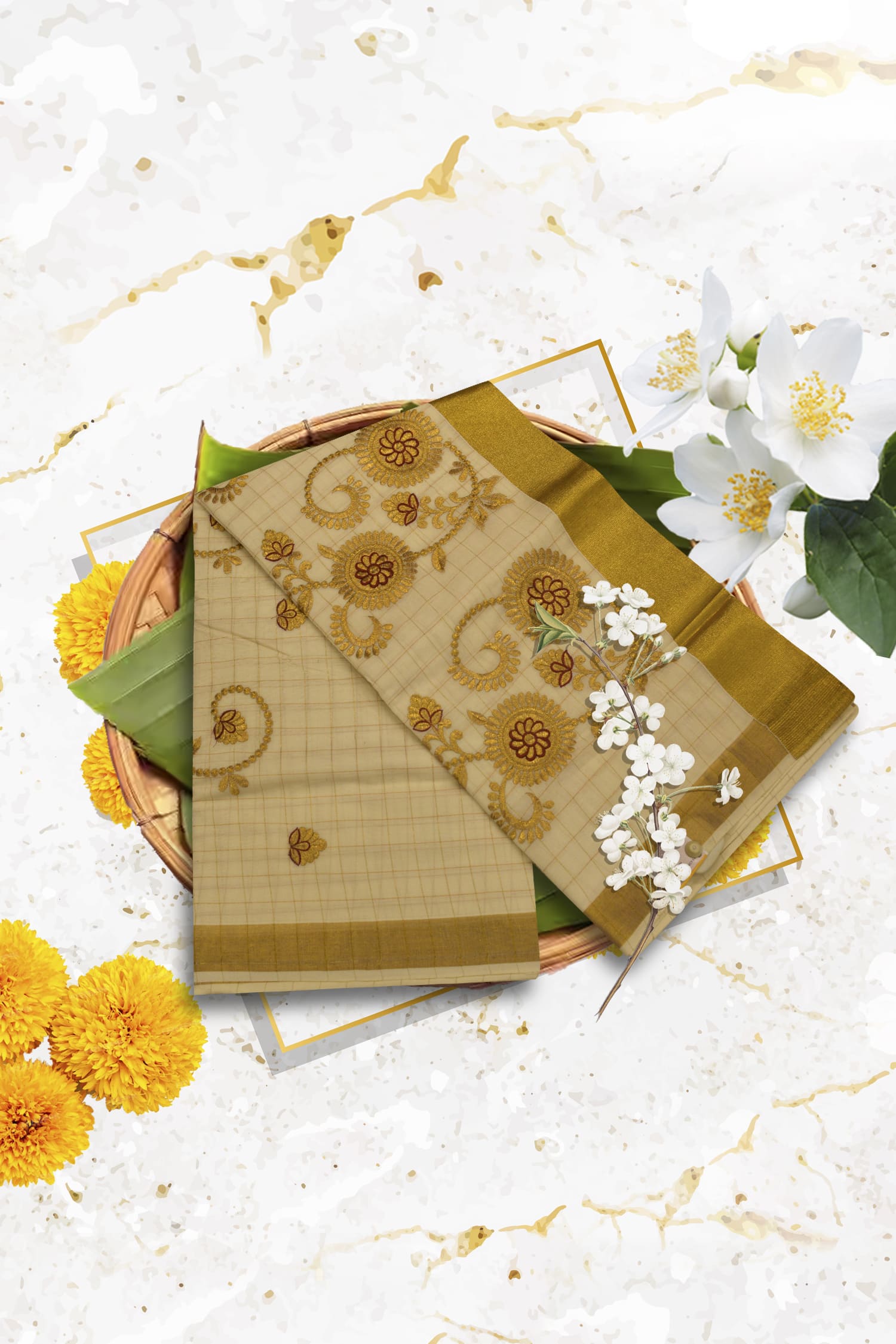 South Indian Kerala Mundu Saree with Blouse - Image 2