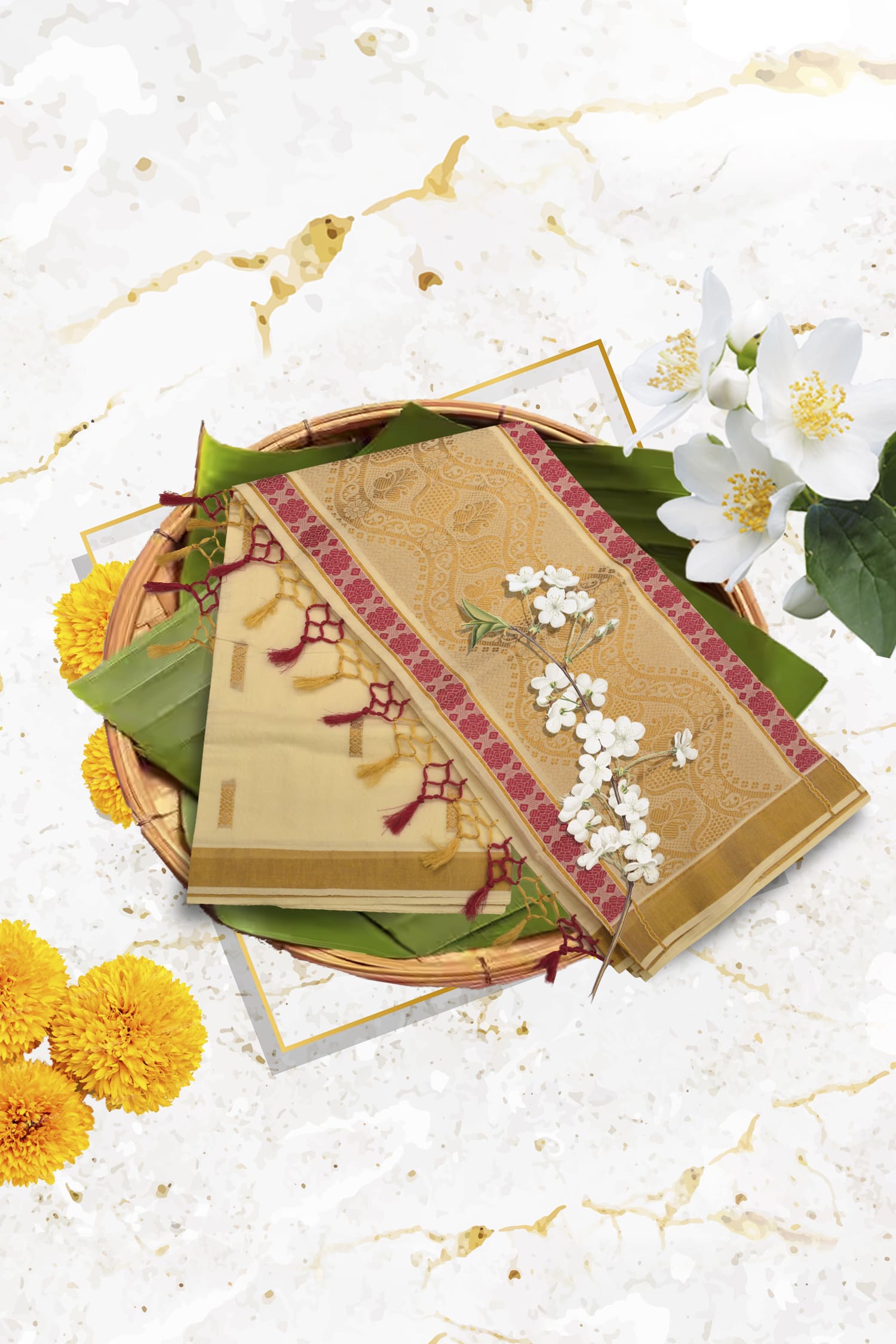 South Indian Kerala Mundu Saree with Blouse - Image 2
