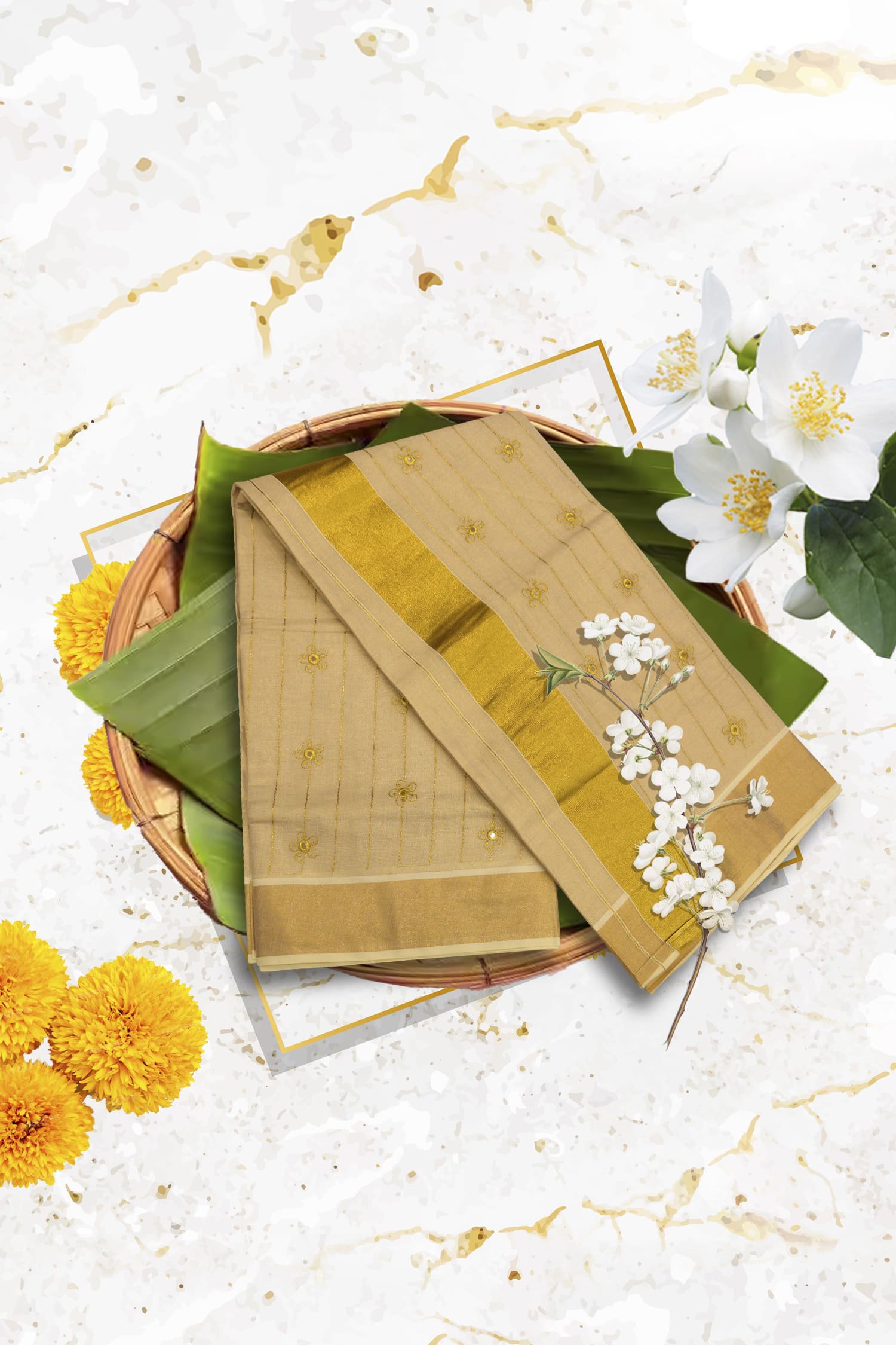 South Indian Kerala Mundu Saree with Blouse - Image 2