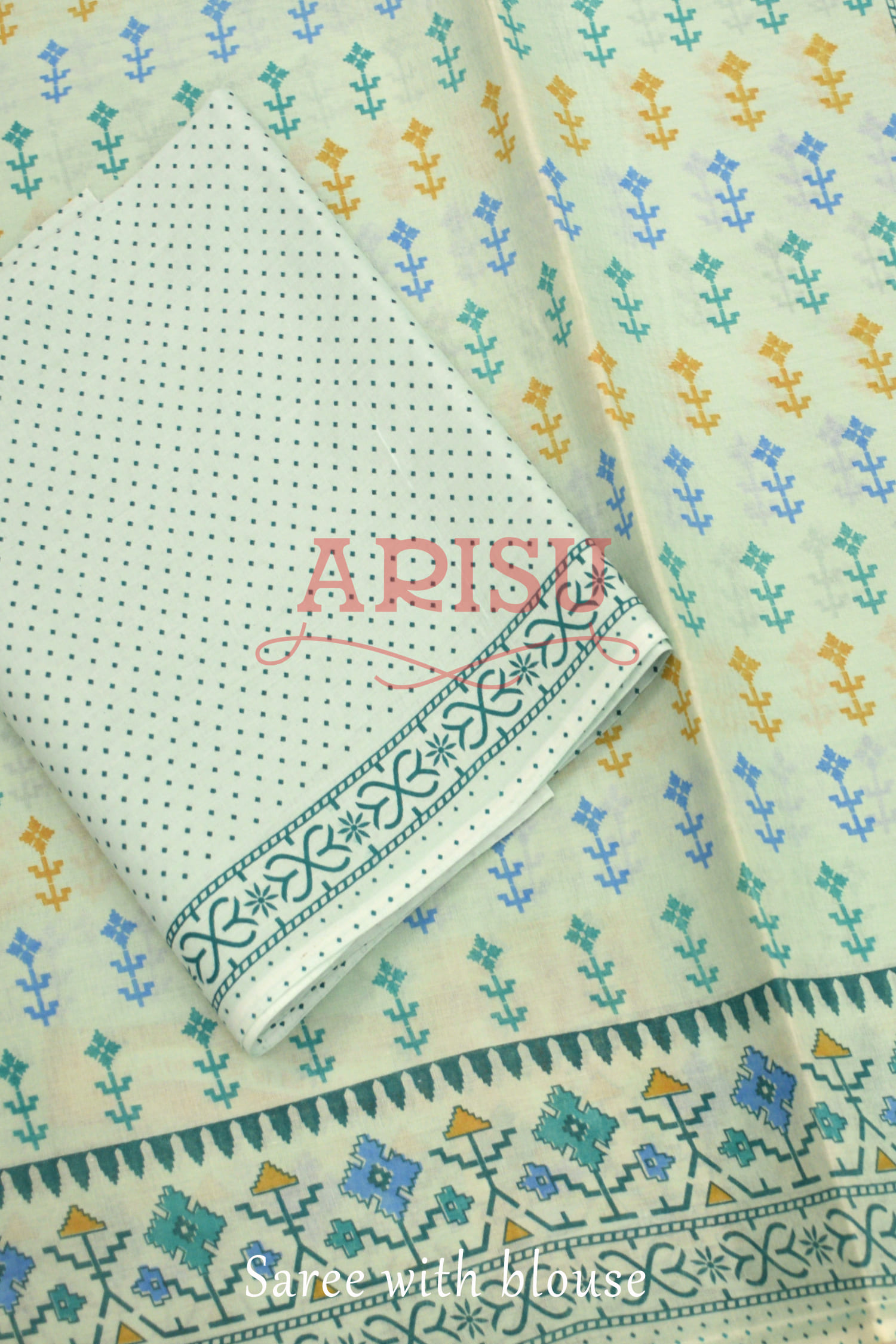 Light Green Printed Cotton Saree - Image 2