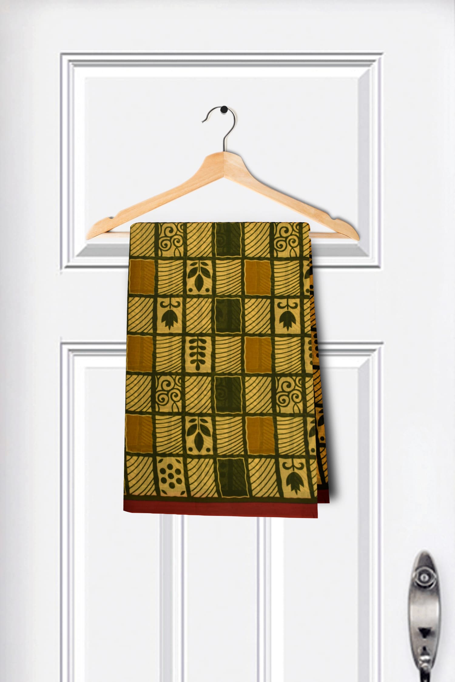 Beige Colour Based Green Checks Printed Cotton Saree